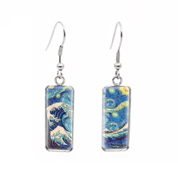 Silvertone Rectangular Wave Glass Dome Earrings - Picture 1 of 1